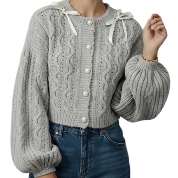 Kori Sweaters - ✨ KORI Cropped Cable Knit Bows Cardigan – Size Large ✨ NWOT
